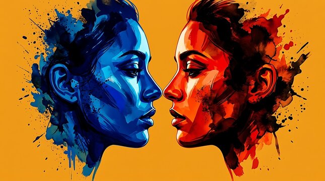 Two faces in profile with blue and red watercolor splash art on yellow background