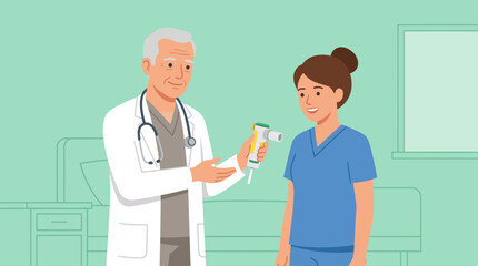 Fototapeta premium Doctor showing medical device to nurse in hospital room.