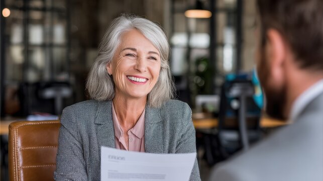 Smiling mature business woman hr holding cv document at job interview. Happy mid aged professional banking manager or lawyer consulting client sitting at workplace in corporate office meeting.