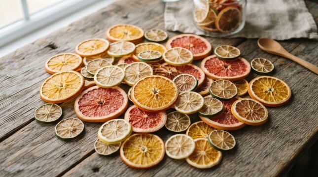 A vibrant assortment of dried citrus slices, including orange, lemon, grapefruit, and lime, are artfully arranged on a rustic wooden table. This image evokes freshness, natural sweetness.