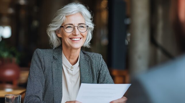 Smiling mature business woman hr holding cv document at job interview. Happy mid aged professional banking manager or lawyer consulting client sitting at workplace in corporate office meeting.