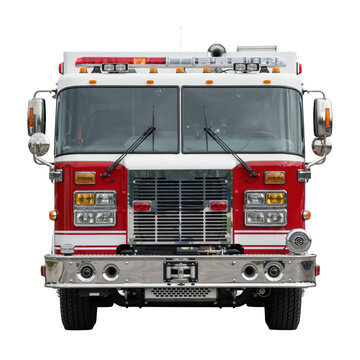 Front view of a red and white fire engine truck with chrome bumper and emergency lights isolated on a transparent background