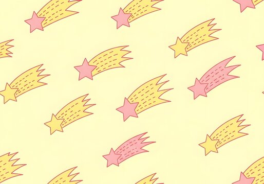 Seamless pattern of cute hand drawn shooting stars on a light yellow background surface