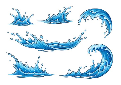 Set of blue water splashes and dynamic ocean waves isolated on white background for design usage