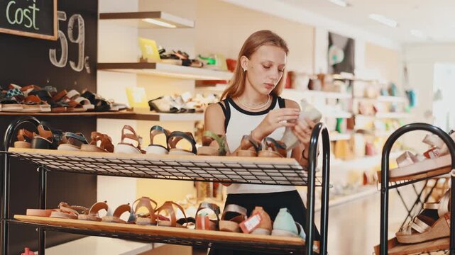 Young woman in casual clothes chooses pair of sneakers in shoe store. High quality 4k footage