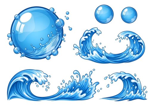 Collection of cartoon water elements including a large sphere and various splashing ocean waves