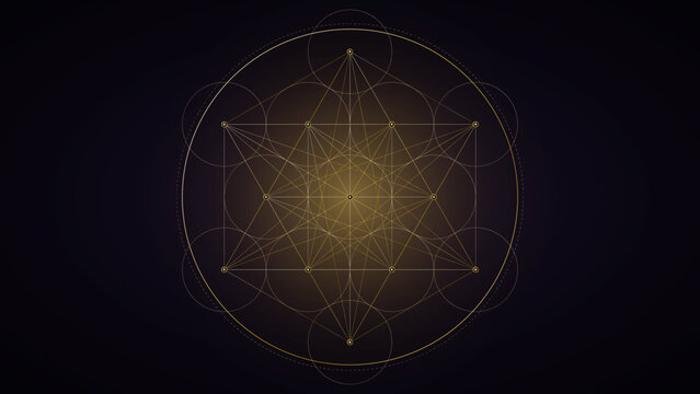 Sacred geometry Metatron cube mandala with interlocking Platonic solid wireframe lines, 4k vector wallpaper