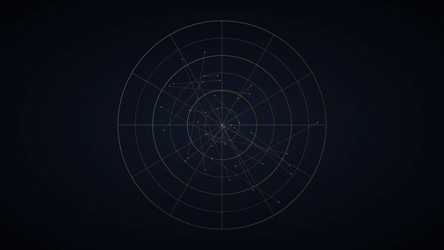 Astronomical zodiac wheel star chart with equatorial coordinate grid and golden constellations, 4k vector backdrop