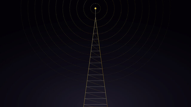 Retrofuturistic Art Deco radio broadcasting tower spire with zigzag lightning antenna waves, 4k vector wallpaper