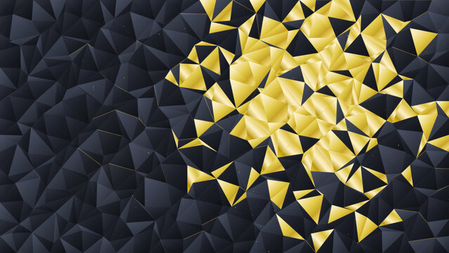 Dark obsidian mineral crystal geode cluster with glowing metallic gold vein fault fissures, 4k vector wallpaper