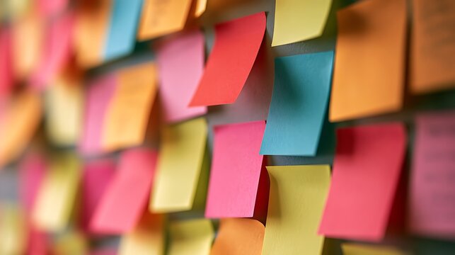 Colorful sticky notes on office wall