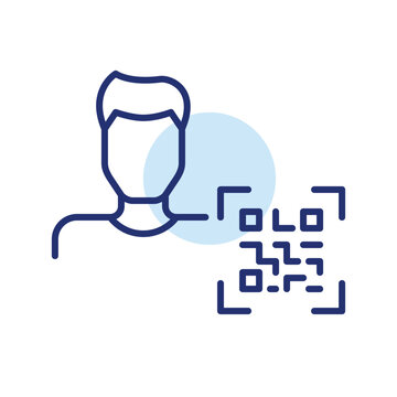 Remote account access, user code, persona sync. Male avatar and qr code scan. Pixel perfect, editable stroke vector icon