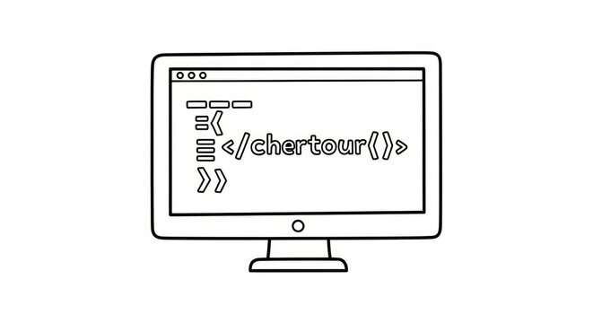 Hand-drawn computer monitor displaying abstract code snippet with brackets and symbols, concept of programming and technology