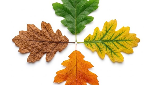 Four oak leaves in different stages of decay and color, arranged in a circle representing the cycle of seasons. From vibrant green to rich brown.
