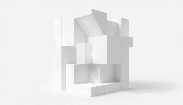 Abstract white geometric block structure architecture model on light background with white blocks modern building cube shapes minimalist design structural form white sculpture spatial compositio