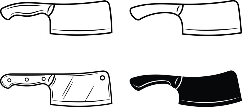 Meat cleaver vector icon set butcher knife kitchen tool line art solid black isolated white background layout design.eps
