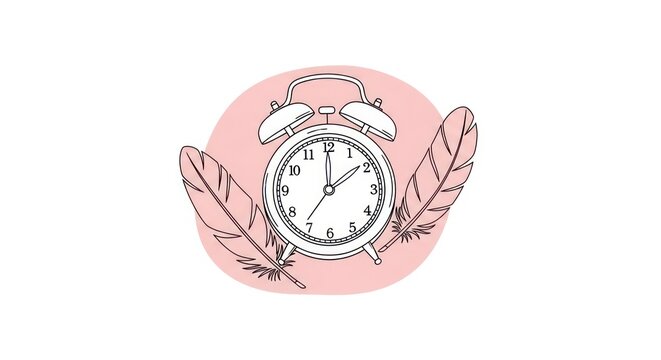 Hand-drawn alarm clock with delicate feathers on a soft pink pastel background, representing time and lightness.