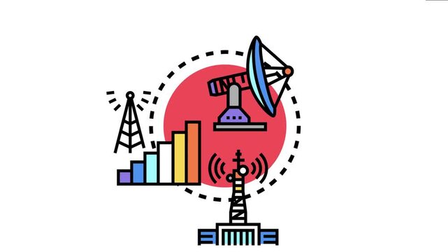 Cellular signal availability depicting a satellite dish, signal tower, and antenna transmitting network data, symbolizing modern communication and global connectivity