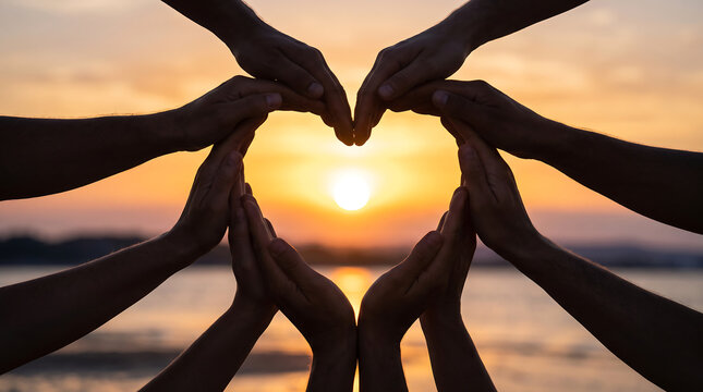 Group of people making a heart shape with hands against a beautiful sunset sky.