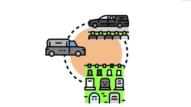 Hearse vehicle procession with mourners driving towards a building with tombstones, funeral service and burial ritual concepts