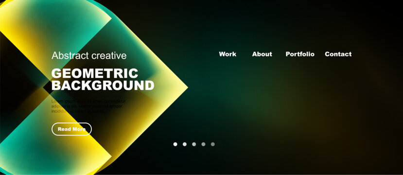 Abstract geometric background design. Vibrant colors, gradients, text overlay, navigation elements present. Modern aesthetic.