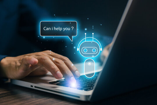 Business professional using an AI chatbot on a laptop, representing automated customer support, online communication, virtual assistance, digital service, technology, and smart help desk.