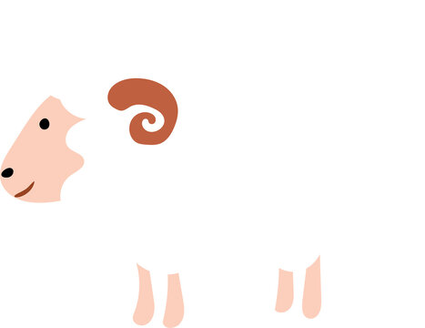 Cute White Sheep with Curly Horn, Simple Farm Animal Cartoon Vector Illustration