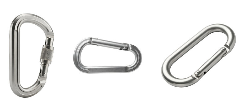 Three silver carabiners on transparent background for climbing and outdoor activities