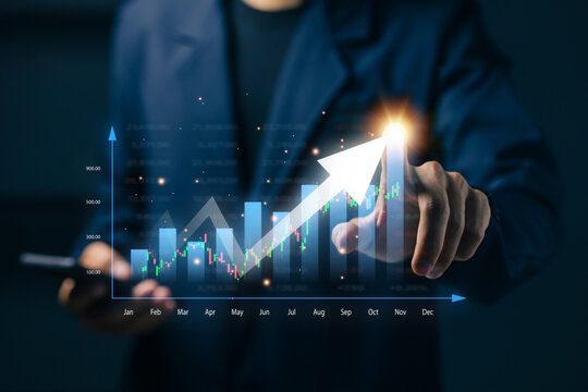 Business professional interacting with financial chart and arrow, representing business growth, investment performance, market analysis, revenue increase, strategy, success, and finance.
