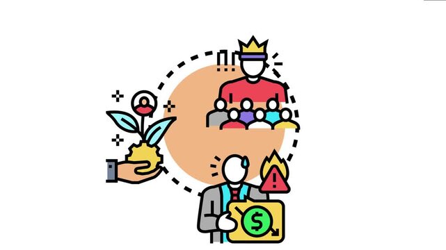 Leadership concept depicting a crowned leader overseeing a team, building new ideas, managing financial risks, and taking responsibility for business success