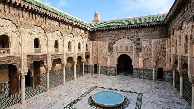 Intricate Moroccan Islamic Architecture with Zellige Tiles and Courtyard Pool