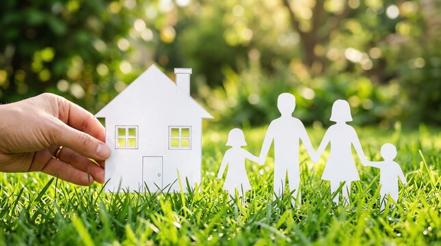 Paper family and house figures on green grass, representing homeownership and family security
