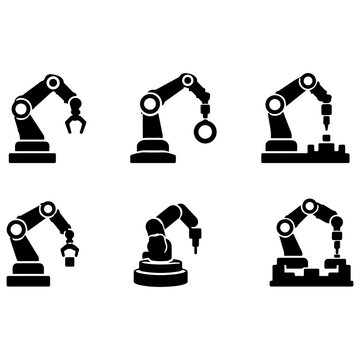 Premium minimalist icon set representing precision robotics, automated assembly and high-tech manufacturing systems.