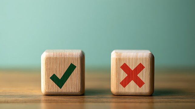 Wooden blocks with check and cross on wood