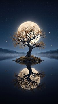 Enormous Full Moon Behind Solitary Autumn Tree on Tiny Island, Golden Leaves, Blue Night Atmosphere and Poetic Surreal Fine Art Landscape