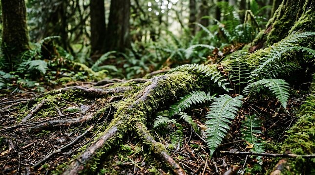Lush green fern leaves growing on mossy tree roots in dense temperate rain forest