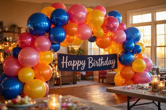 A festive 'Happy Birthday' banner strung beneath a grand balloon arch in matching blue, pink
