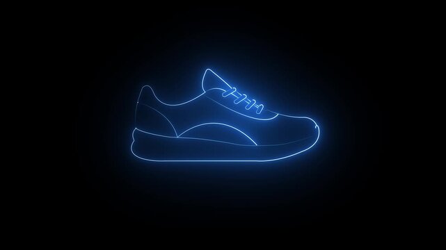 Glowing blue neon running shoe icon on black background. 4k video 