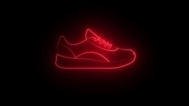 Glowing red neon running shoe icon on black background. 4k video animation.