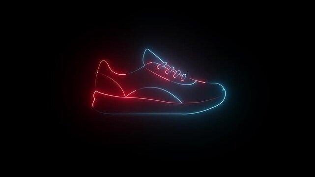 Glowing blue and red neon running shoe icon on black background. 4k video animation.