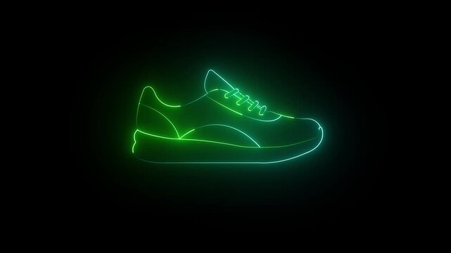 Glowing GREEN neon running shoe icon on black background. 4k video animation.