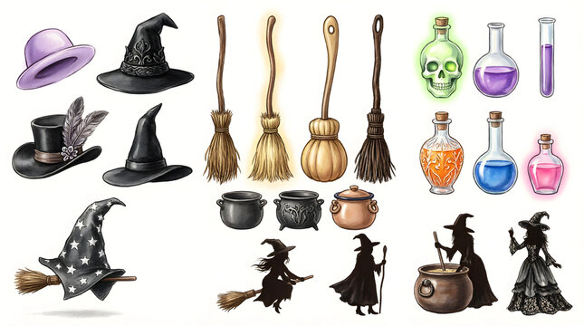 Witchcraft magic collection with wizard hats, brooms and potion bottles. Halloween occult set with cauldrons and witch silhouettes on white background.