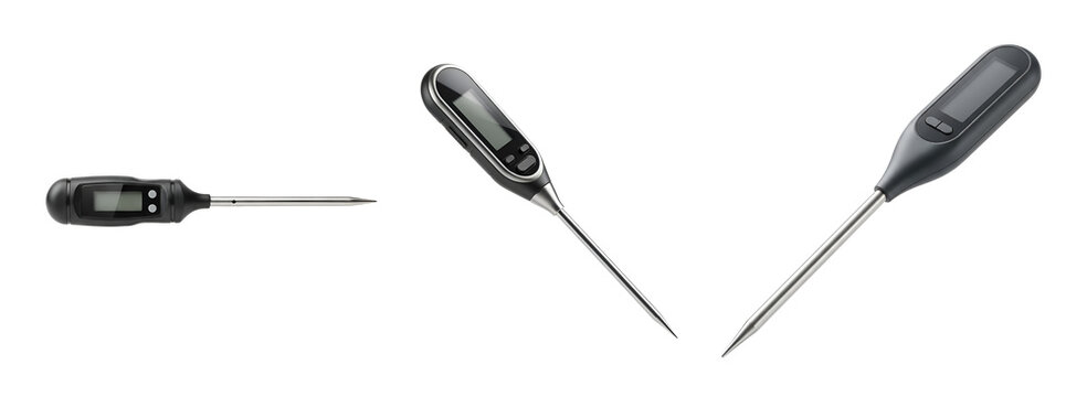 Three black digital thermometers with metal probes on transparent background