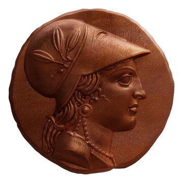 Bronze coin depicts helmeted Athena in profile, isolated on white transparent