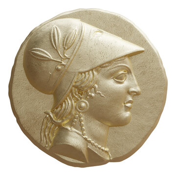 Ancient Greek gold coin with a relief portrait of Athena wearing a helmet, isolated on white transparent