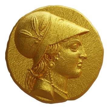 Ancient Greek gold coin with a relief portrait of Athena wearing a helmet, isolated on white transparent