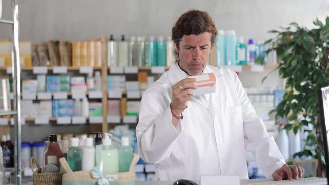 Adult male pharmacist carefully works at a computer in a pharmacy. Pharmacy warehouse employee checks the availability of goods . High quality 4k footage