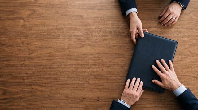 合意成立後に契約ファイルを相手へ渡す二人の手元