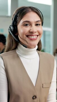 Face, smile and woman at call center with headset, consultant and faq for customer service. Portrait, agent and coworking in office with tech, virtual assistance or speaking for telecom advisory