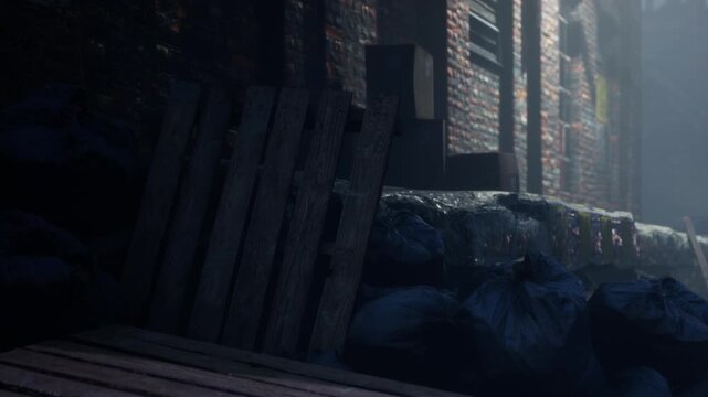 In an urban alley, trash bags are stacked near a wooden pallet against a brick wall. Dim light filters through the space, creating shadows. It is late morning.